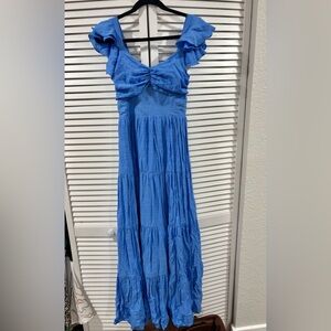 Flying Tomato Blue Ruffle Strap Midi Dress Smocked Back | Cottagecore Summer